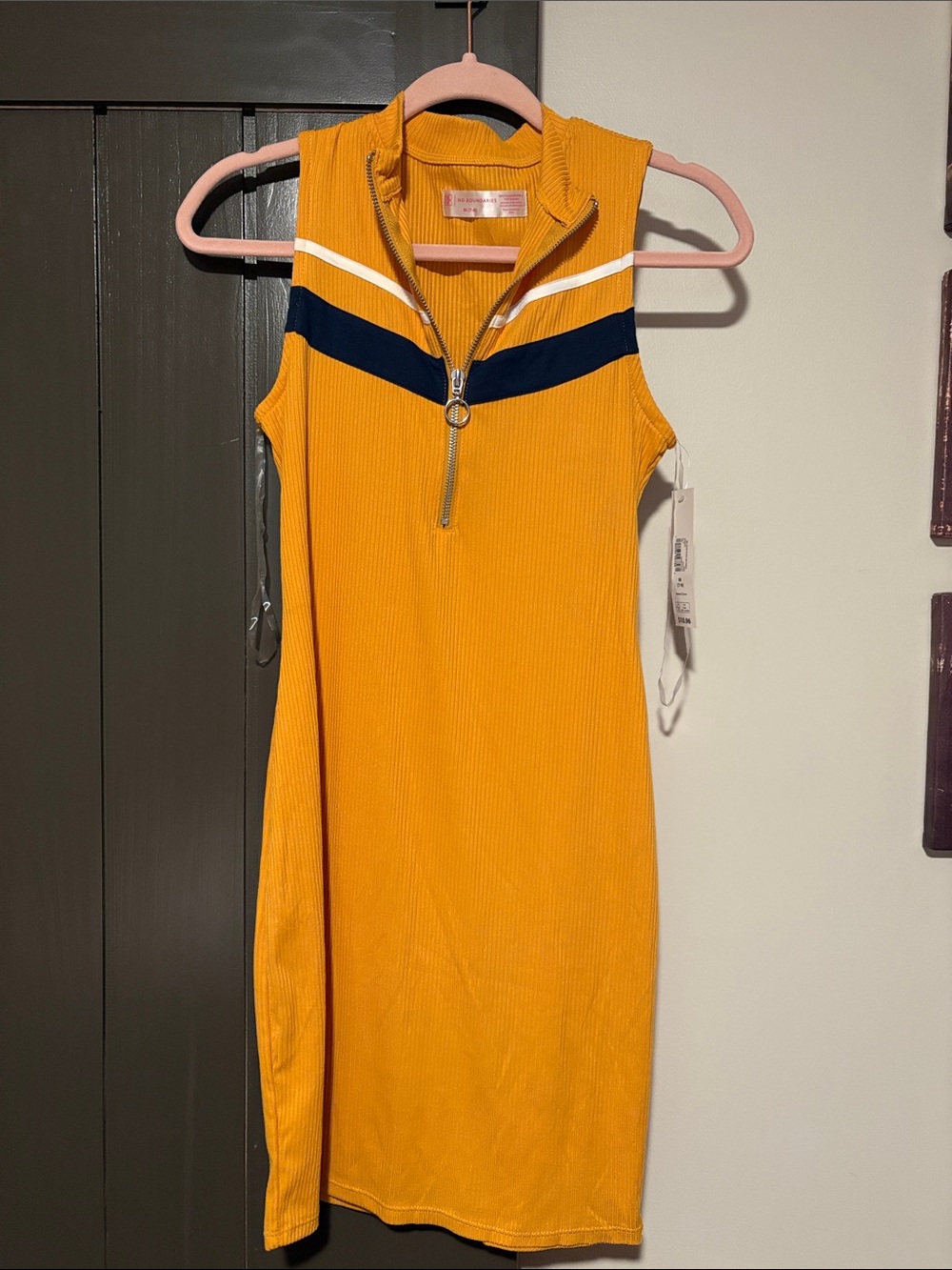 No Boundaries Mustard Yellow Sleeveless Mini Dress with Navy & White Chevron